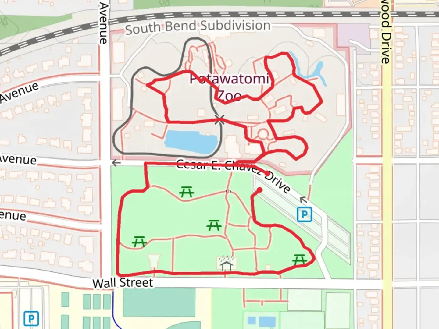 An image depicting the trail Potawatomi Park and Zoo Loop and its surrounding area.