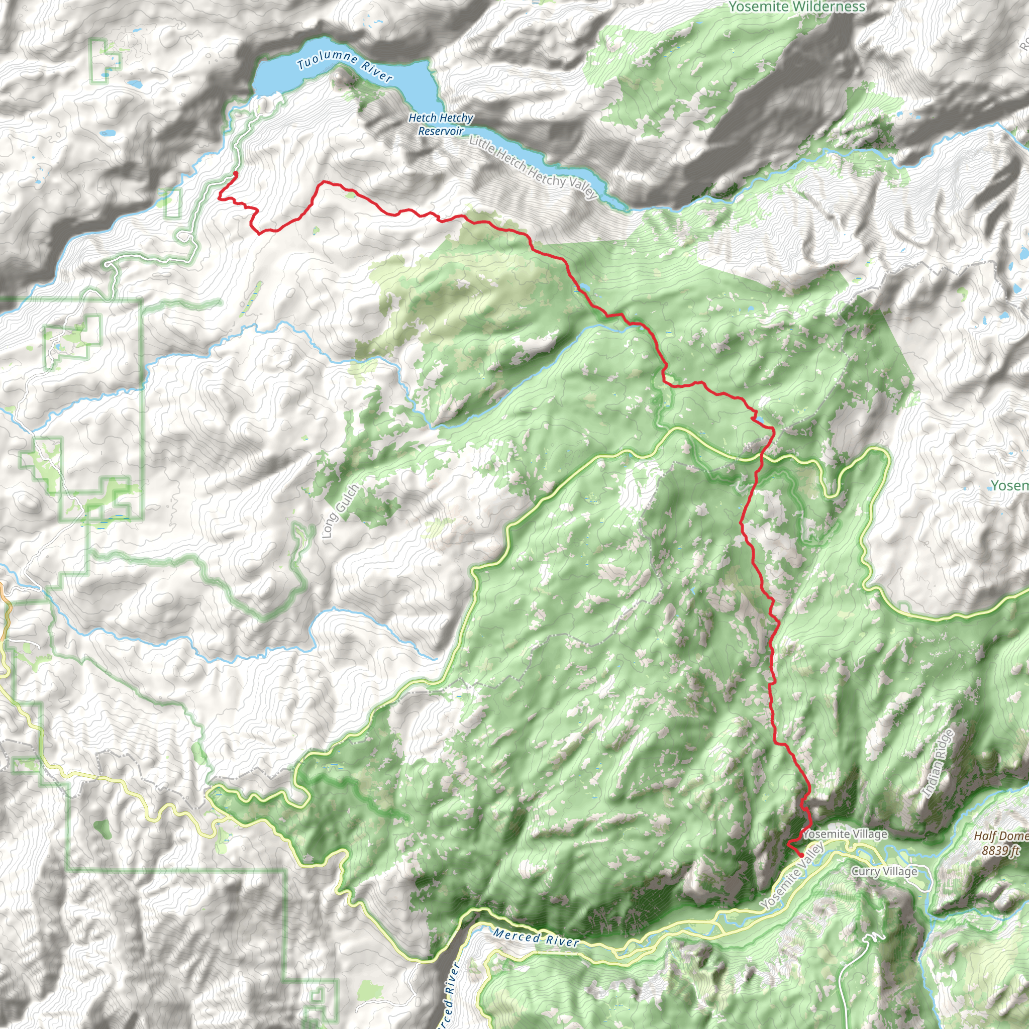 Hetch Hetchy Road to Yosemite Valley via Lukens Lake Trail mobile static map