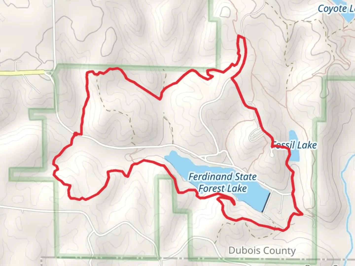 An image depicting the trail Ferdinand State Forest Lake and Fossil Lake via South Ridge Trail - Yellow and its surrounding area.