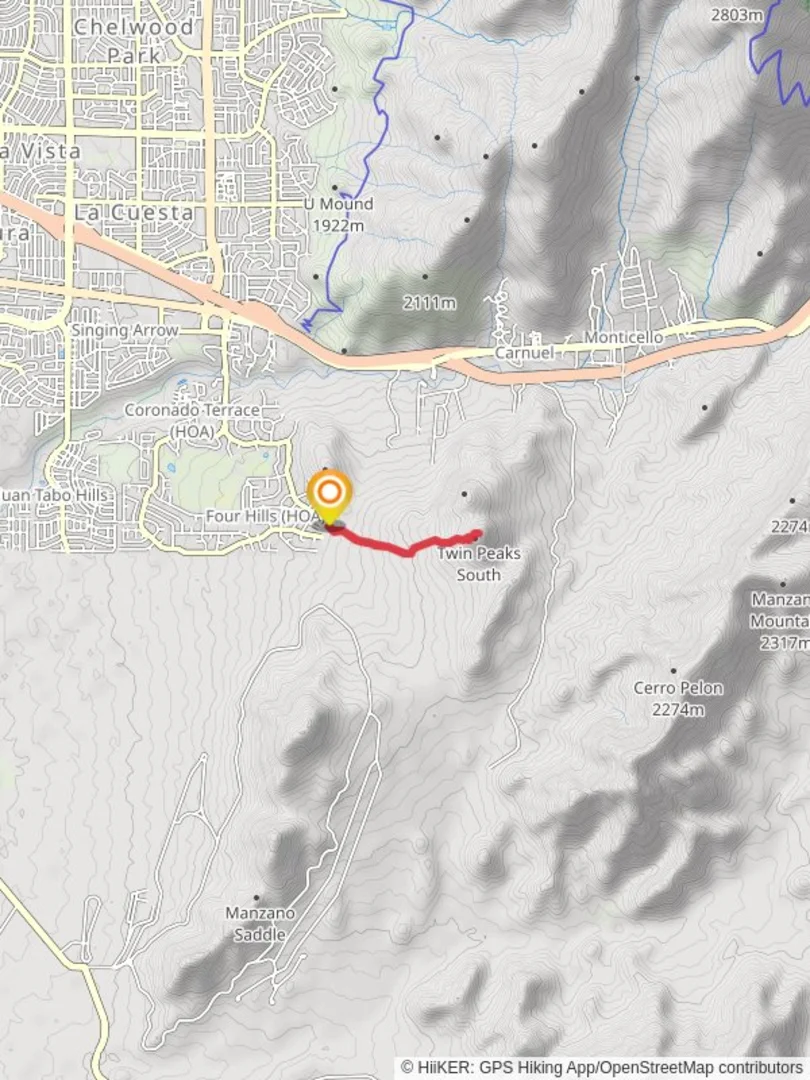 An image depicting the trail Twin Peaks Out and Back and its surrounding area.