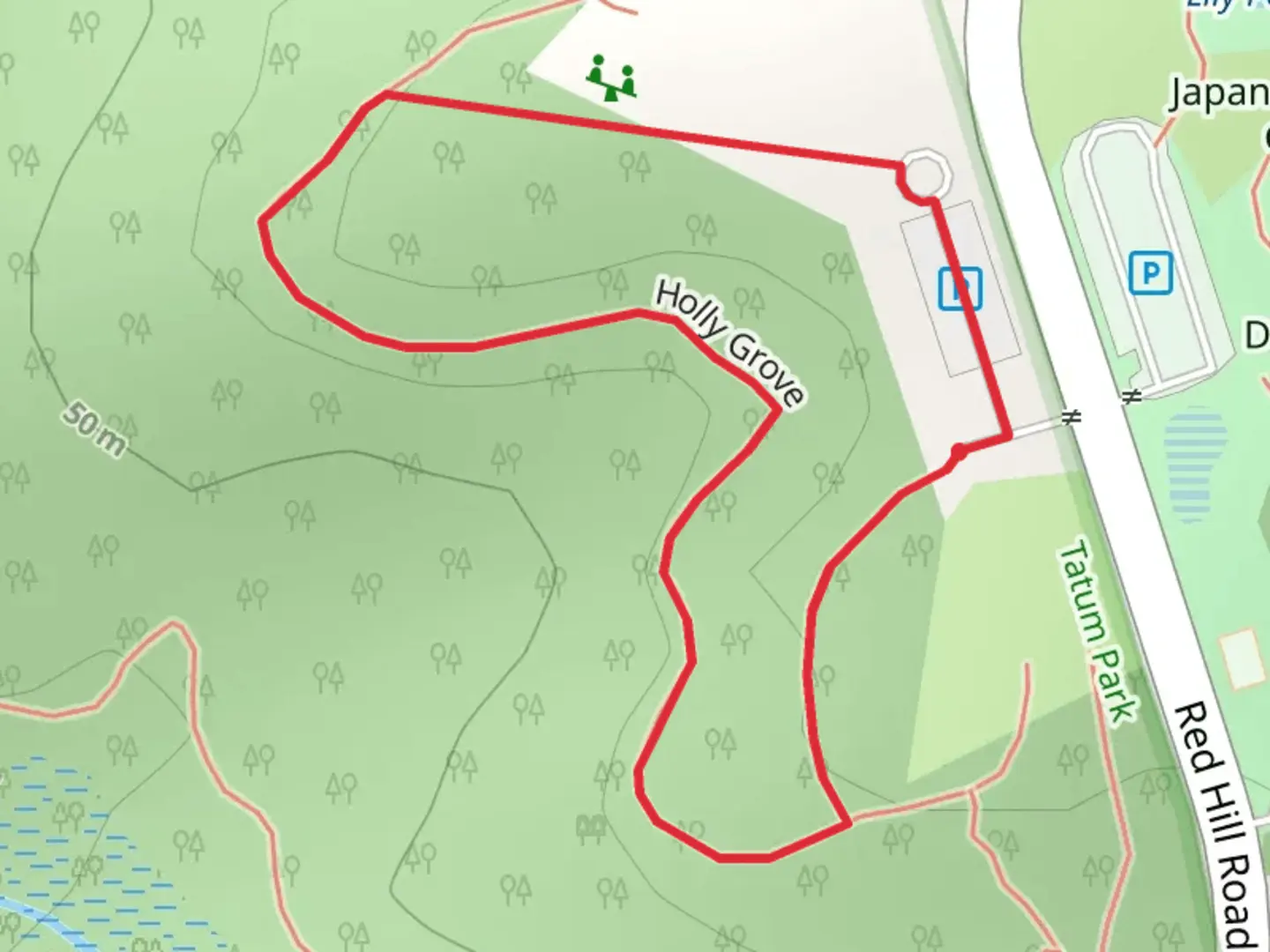 An image depicting the trail Red Hill Road Loop and its surrounding area.