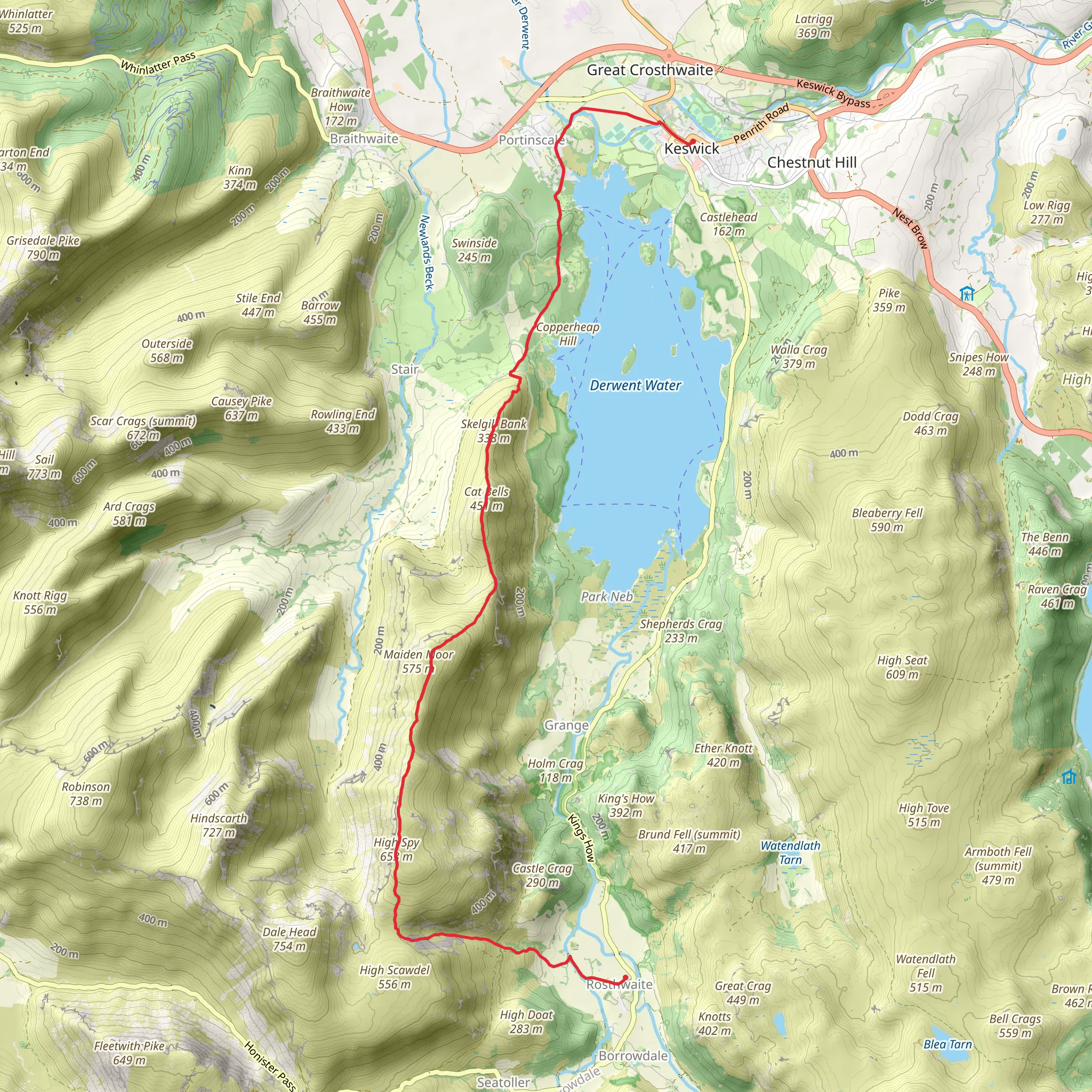 Cat Bells, Maiden Moor via Cumbria Way from Keswick mobile static map