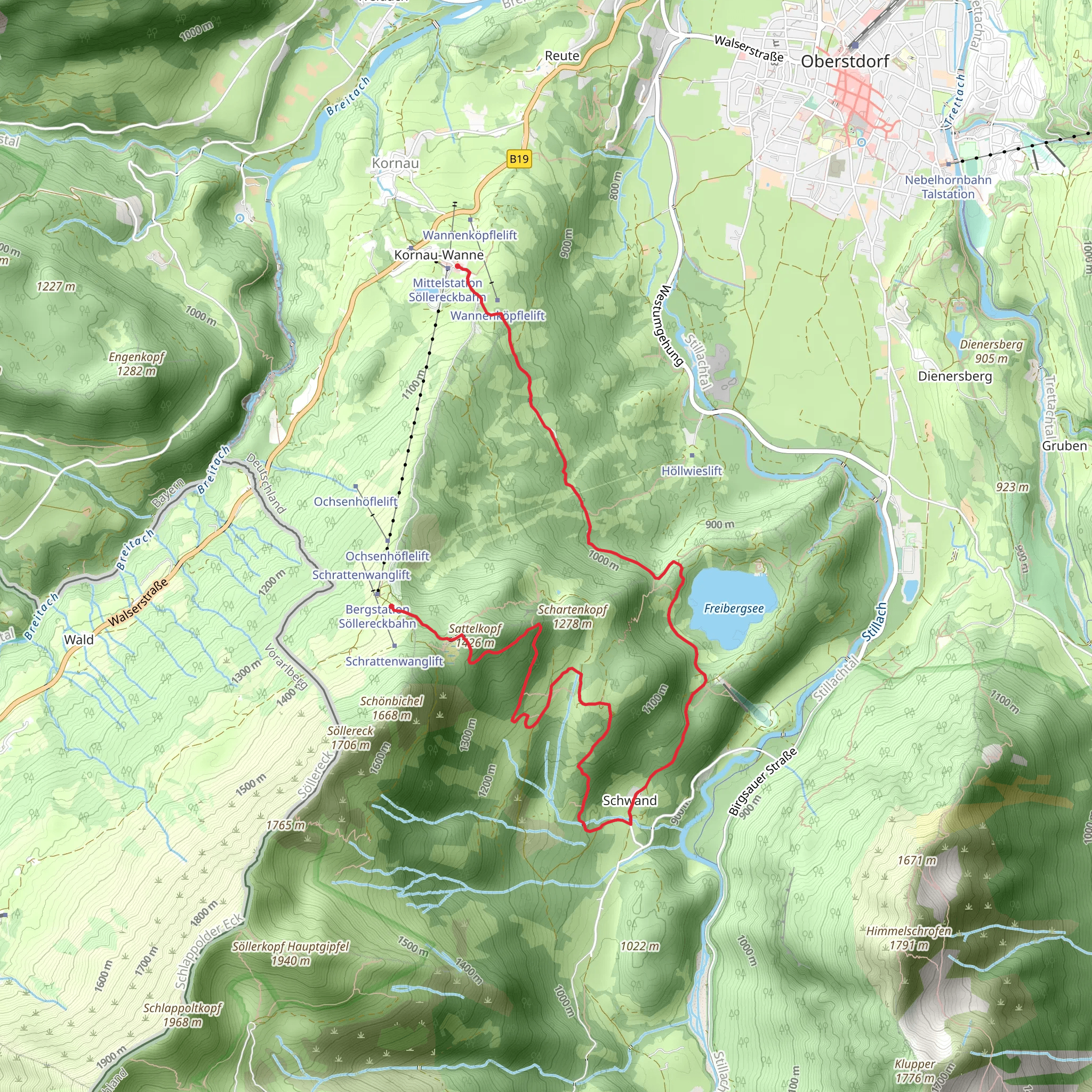Söllereckbahn Bergstation to Söllereck Mittelstation Walk via Freibergsee mobile static map