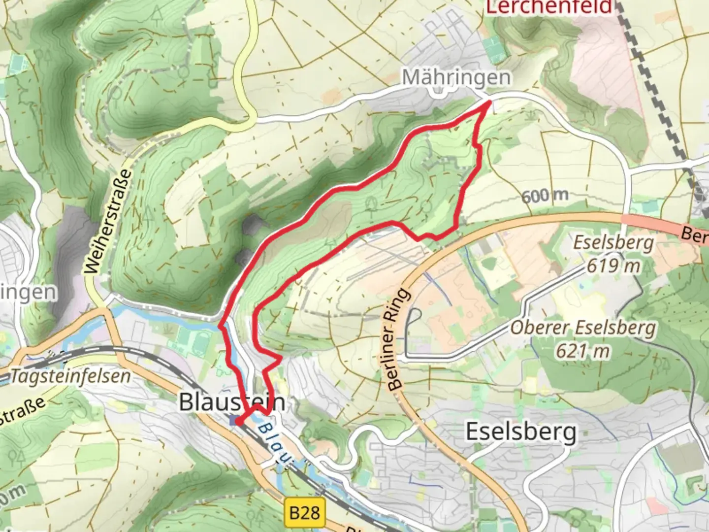 An image depicting the trail Blaustein and Jorg Binder Mountain Loop and its surrounding area.