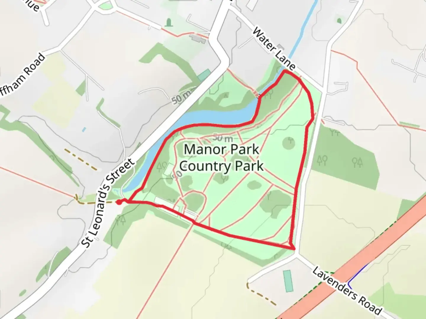 An image depicting the trail Manor Park Country Park Loop and its surrounding area.