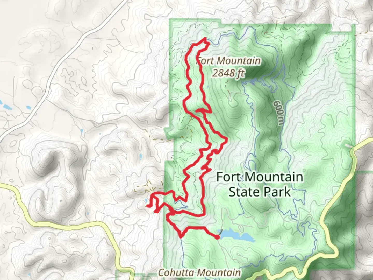 An image depicting the trail Big Rock and Gahuti Loop West Trail - Fort Mountain State Park and its surrounding area.
