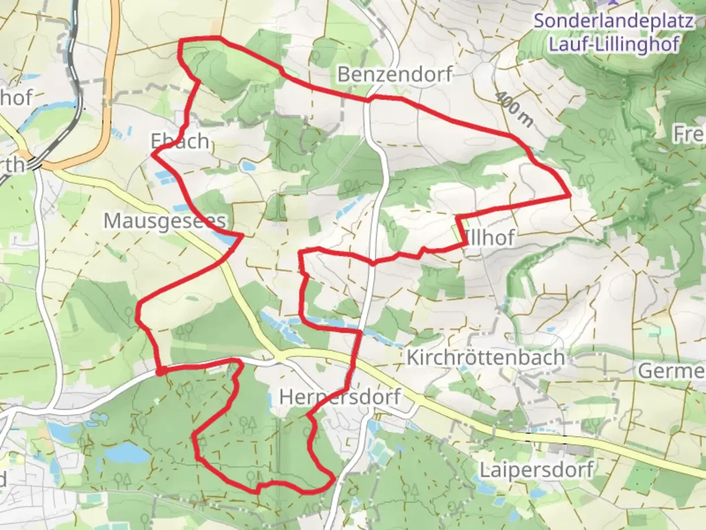An image depicting the trail Herpersdorf Ebach and Lillinghof Loop and its surrounding area.