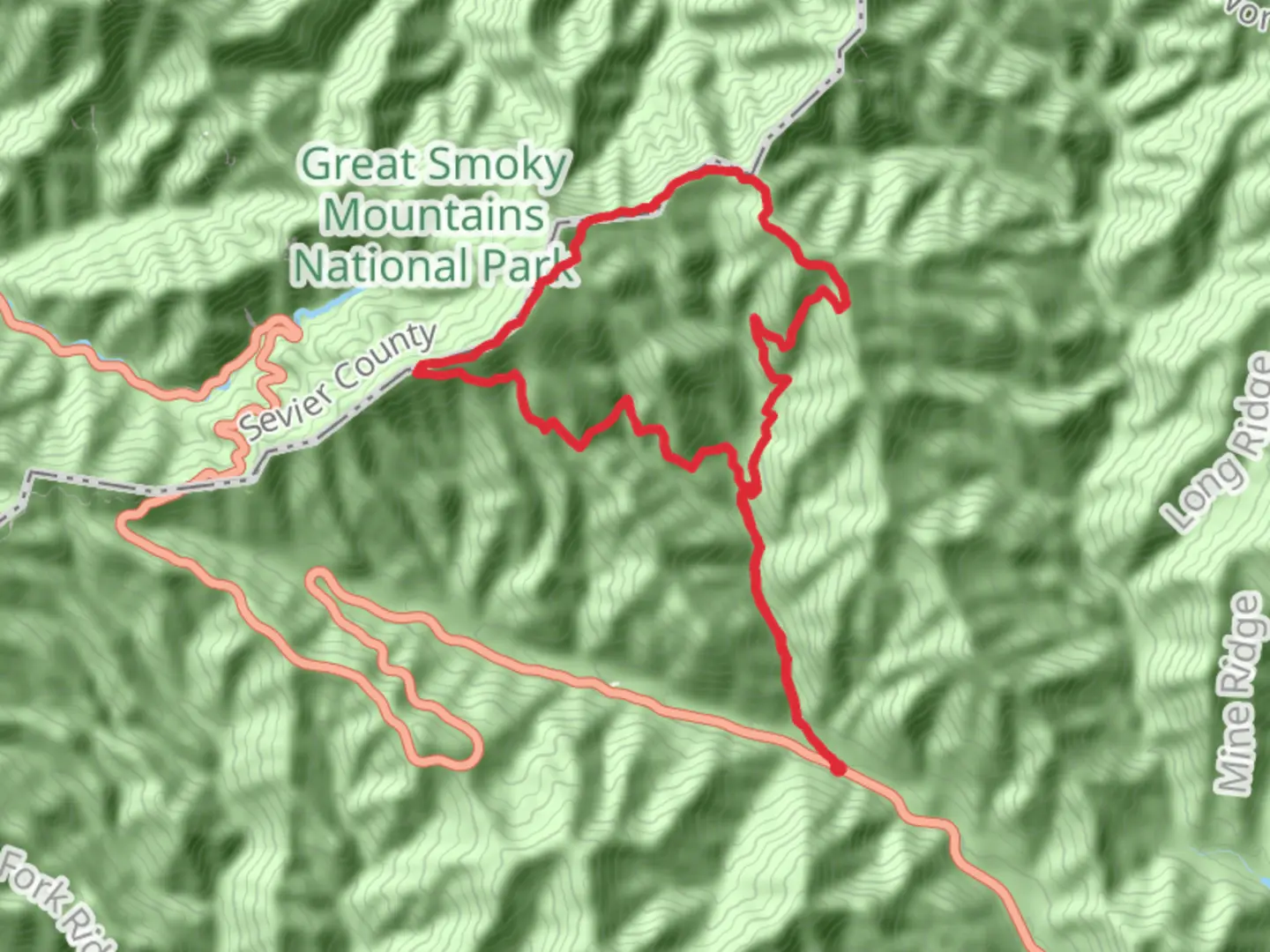 An image depicting the trail Kephart Prong, Dry Sluice Gap and Sweat Heifer Creek Loop Trail and its surrounding area.