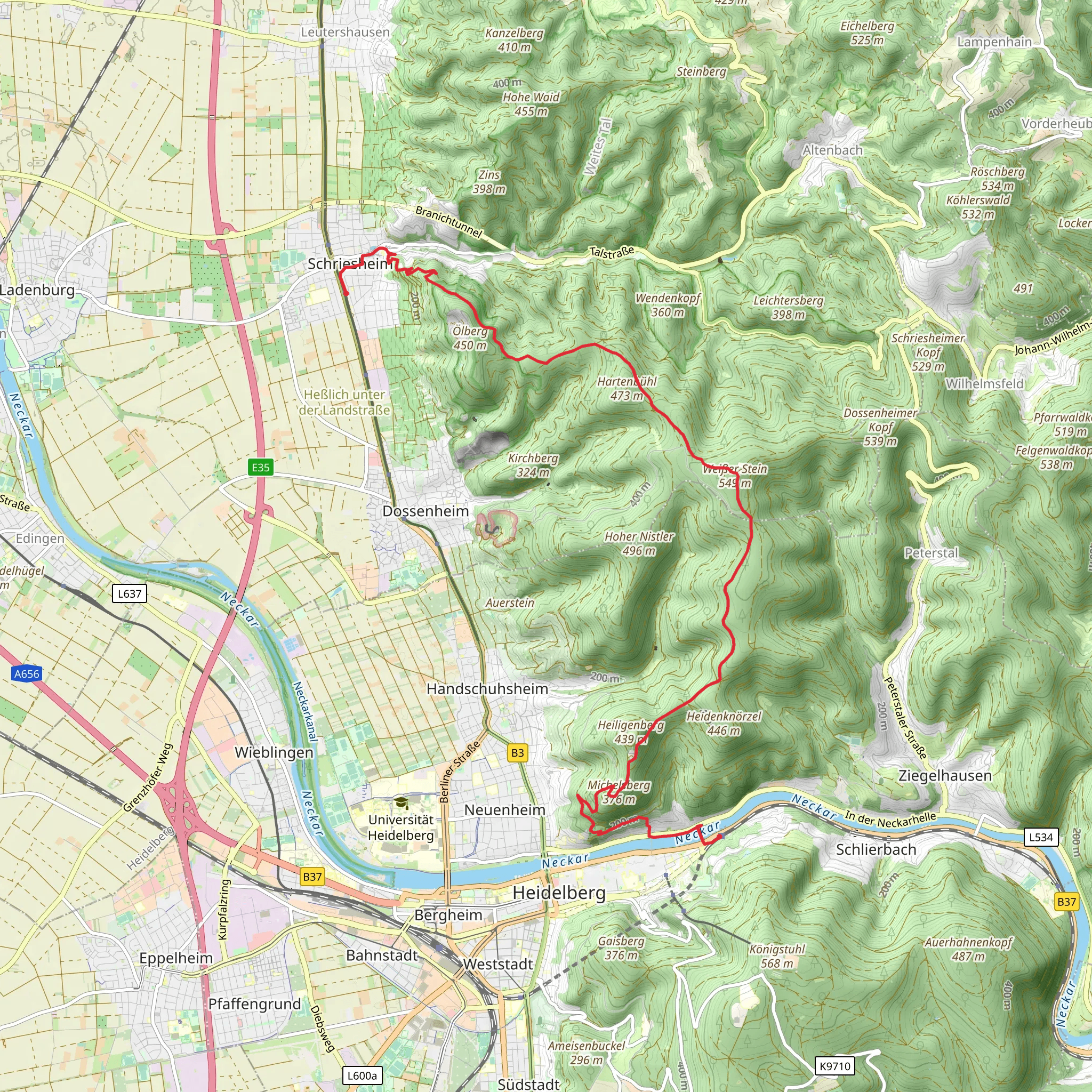 Schriesheim to Heidelberg Walk mobile static map