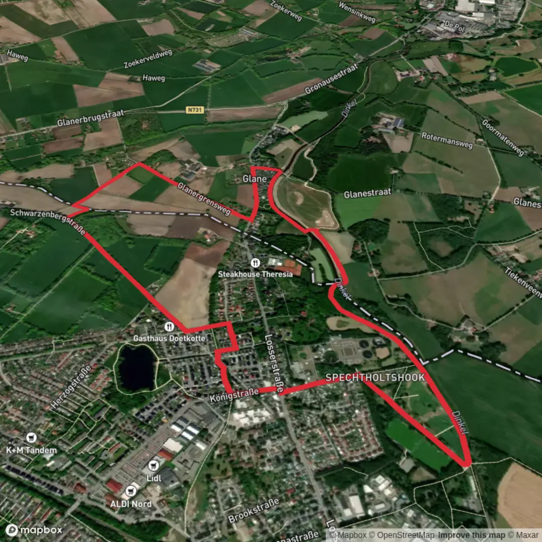 An image depicting the trail Glanergrens Weg and Dinkelpad via Dinkel and its surrounding area.