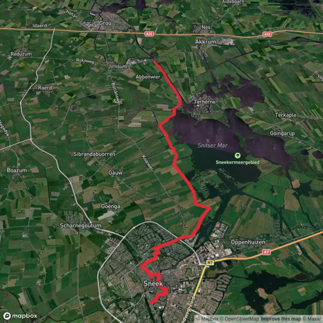 An image depicting the trail Sneek to Oude Schouw via Snitser Mar and its surrounding area.