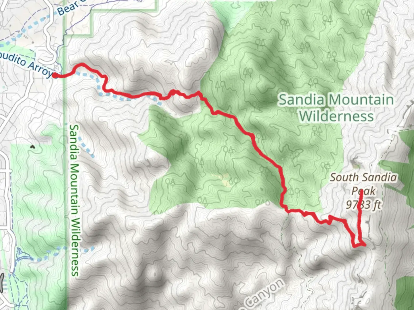 An image depicting the trail South Sandia Peak via Embudito Trail and its surrounding area.
