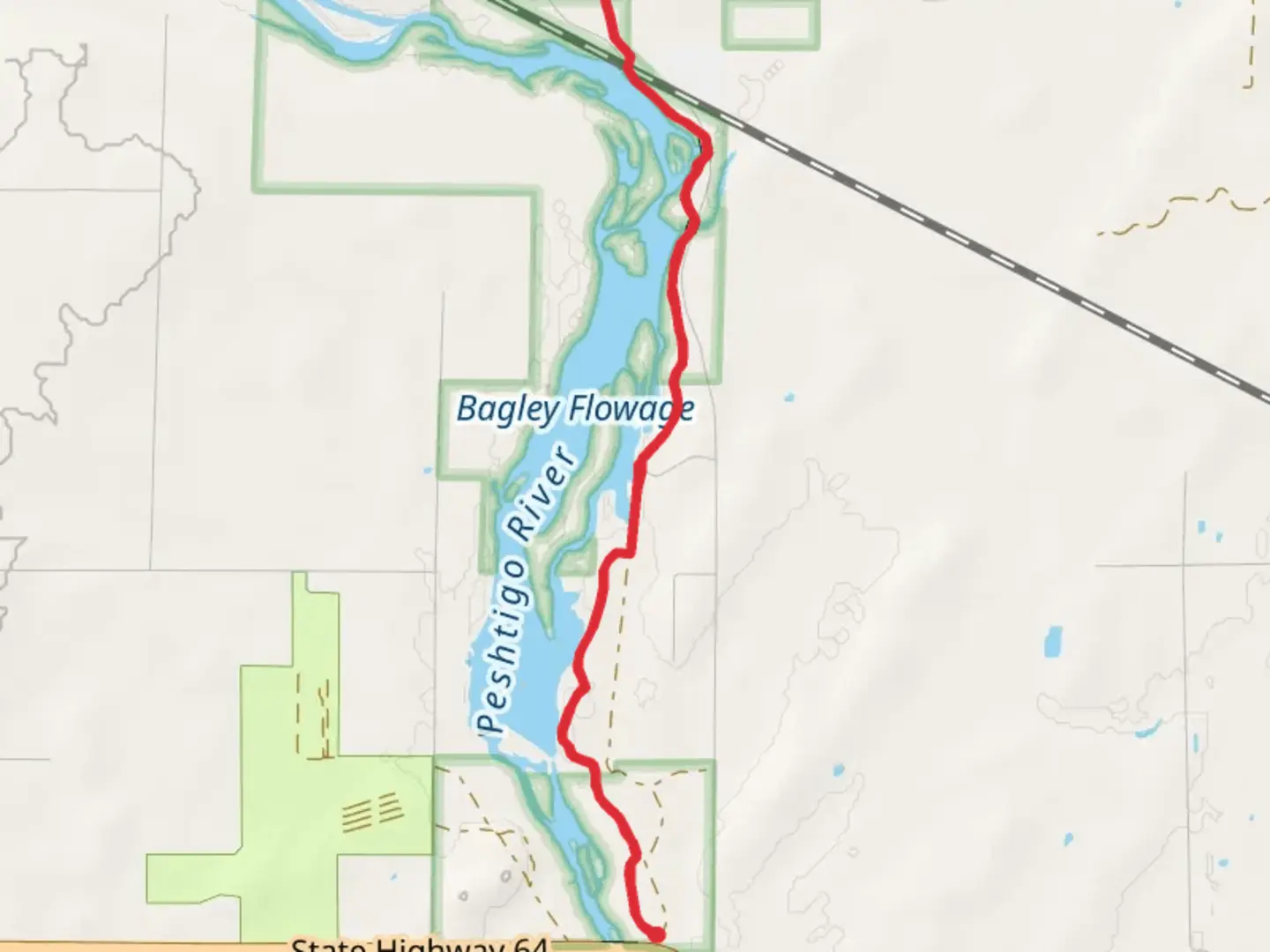 An image depicting the trail Peshtigo River Out and Back and its surrounding area.