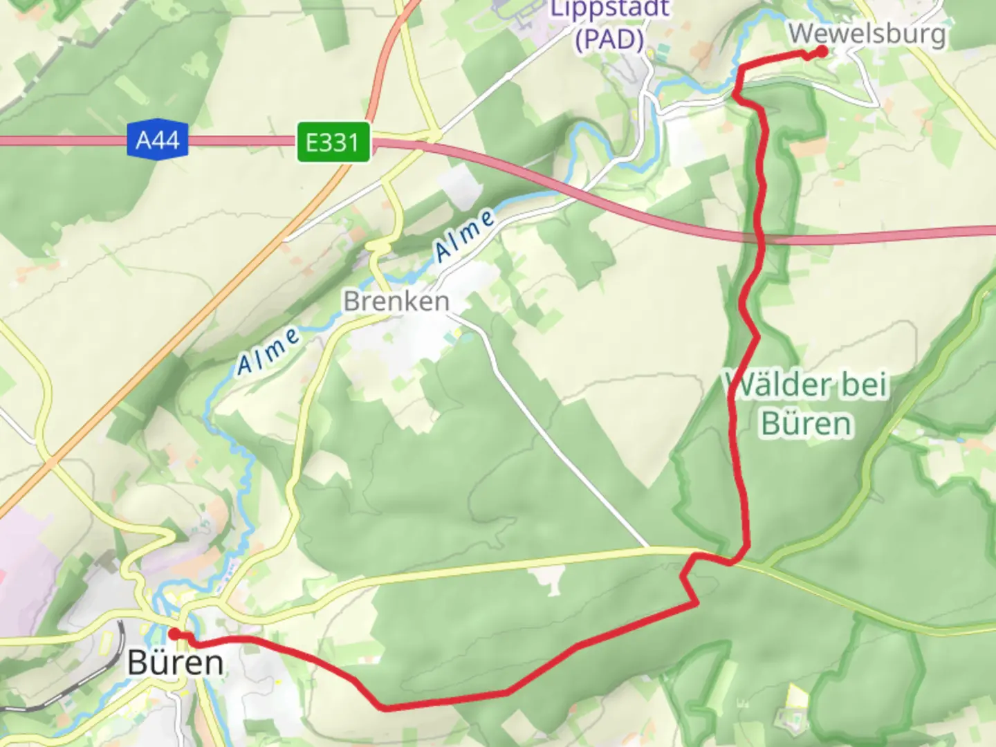 An image depicting the trail Bueren to Wewelsburg via Westfalen Wanderweg and its surrounding area.