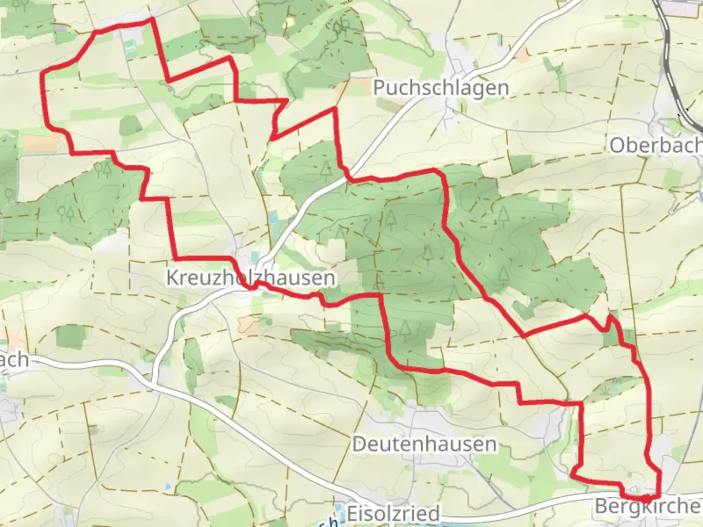 An image depicting the trail Bergkirchen and Machtenstein Loop and its surrounding area.