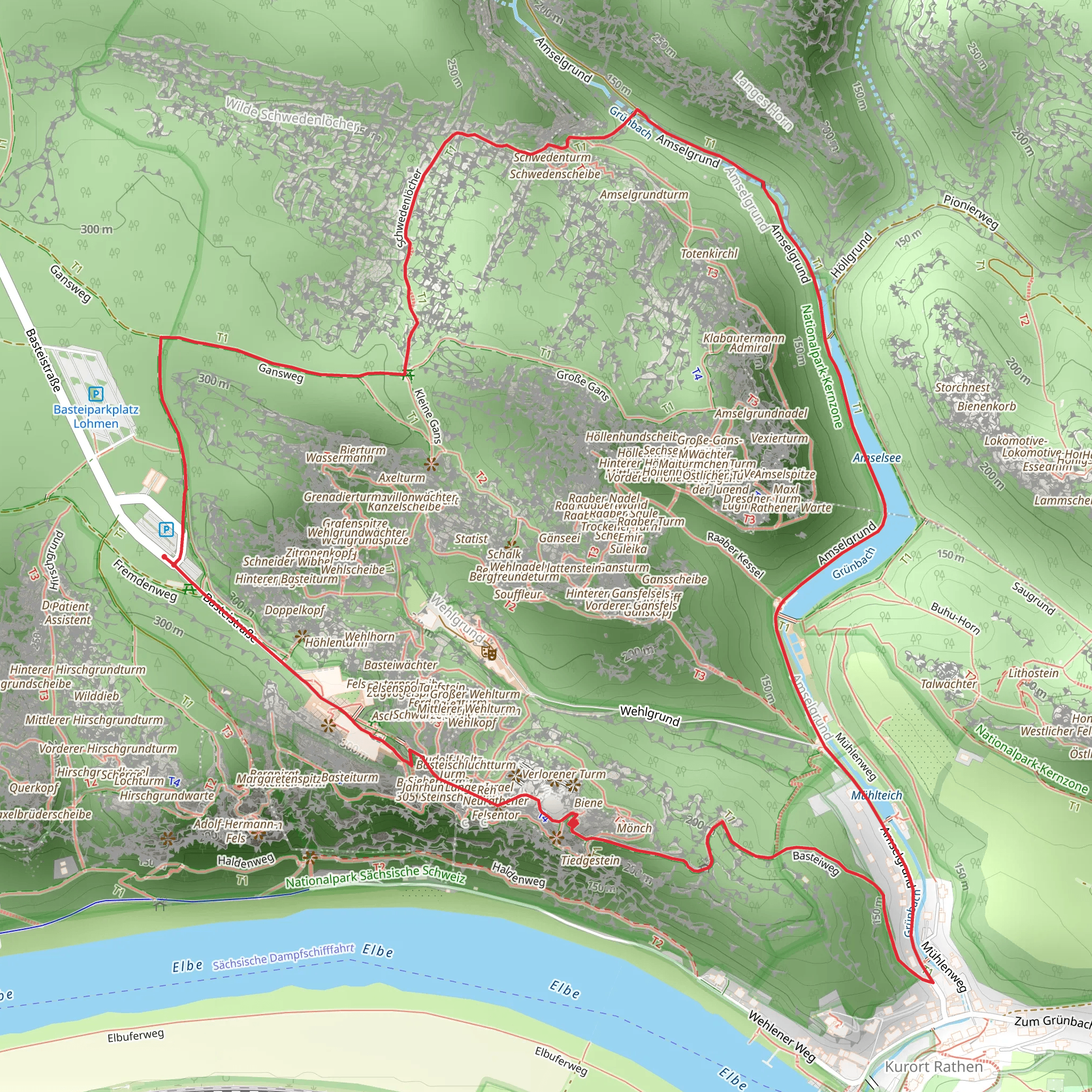 Amselsee via Gansweg, Schwedenlöcher and Basteiweg mobile static map