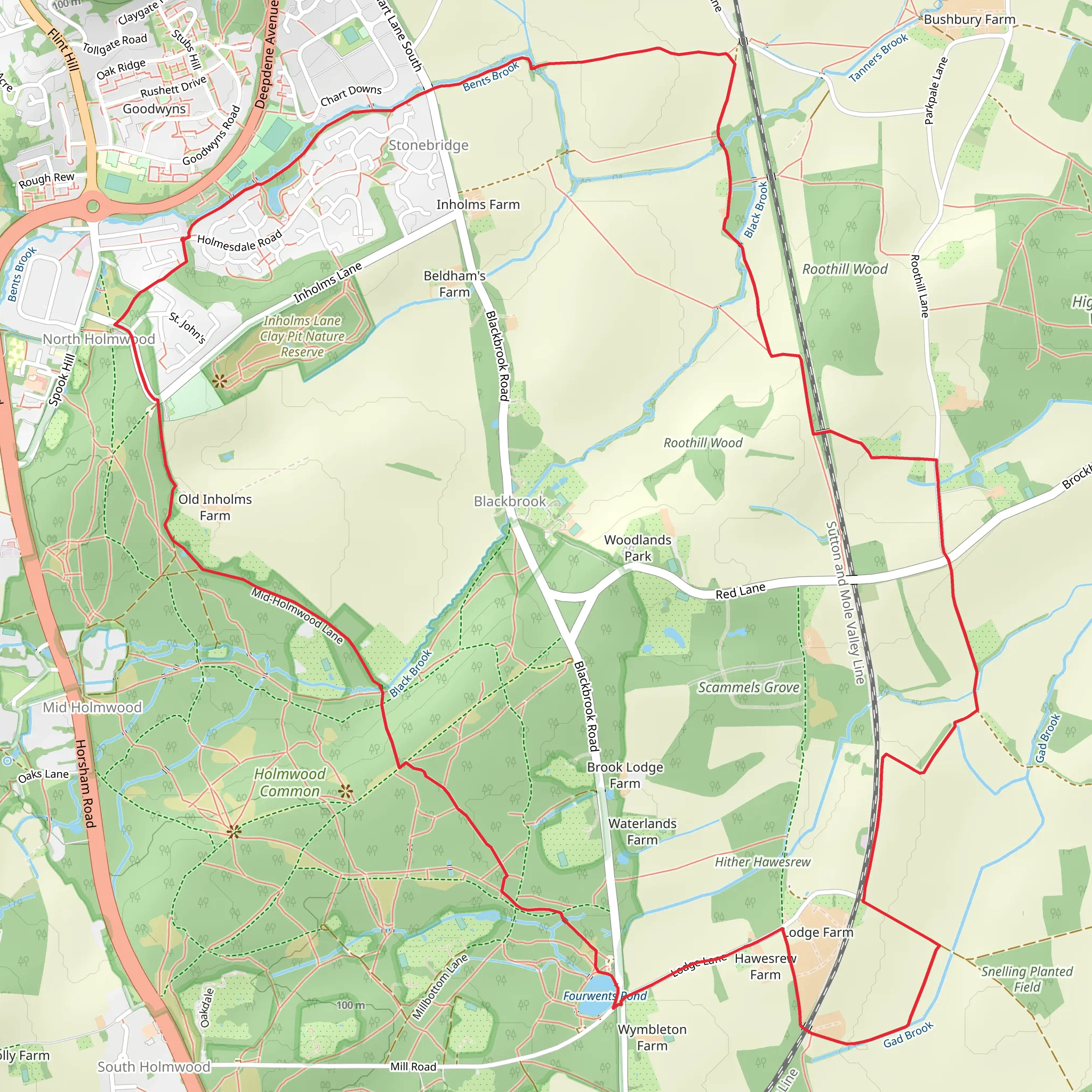 Holmwood Common and Bents Brook Loop mobile static map