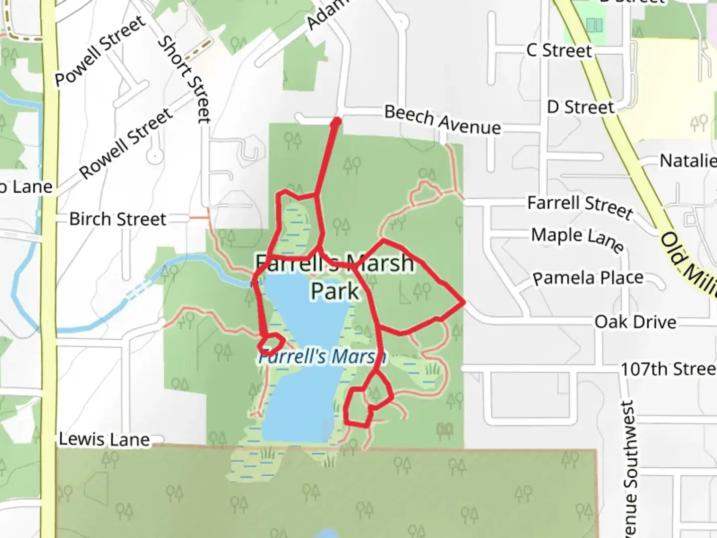 An image depicting the trail Farrell's Marsh Park Loop and its surrounding area.