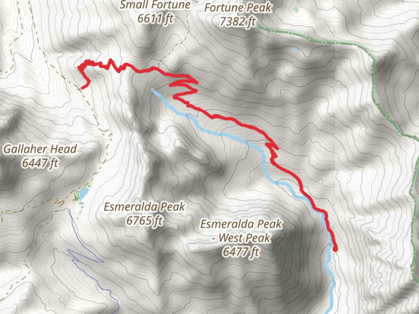 An image depicting the trail Esmeralda Basin Trail and Fortune Creek Pass and its surrounding area.