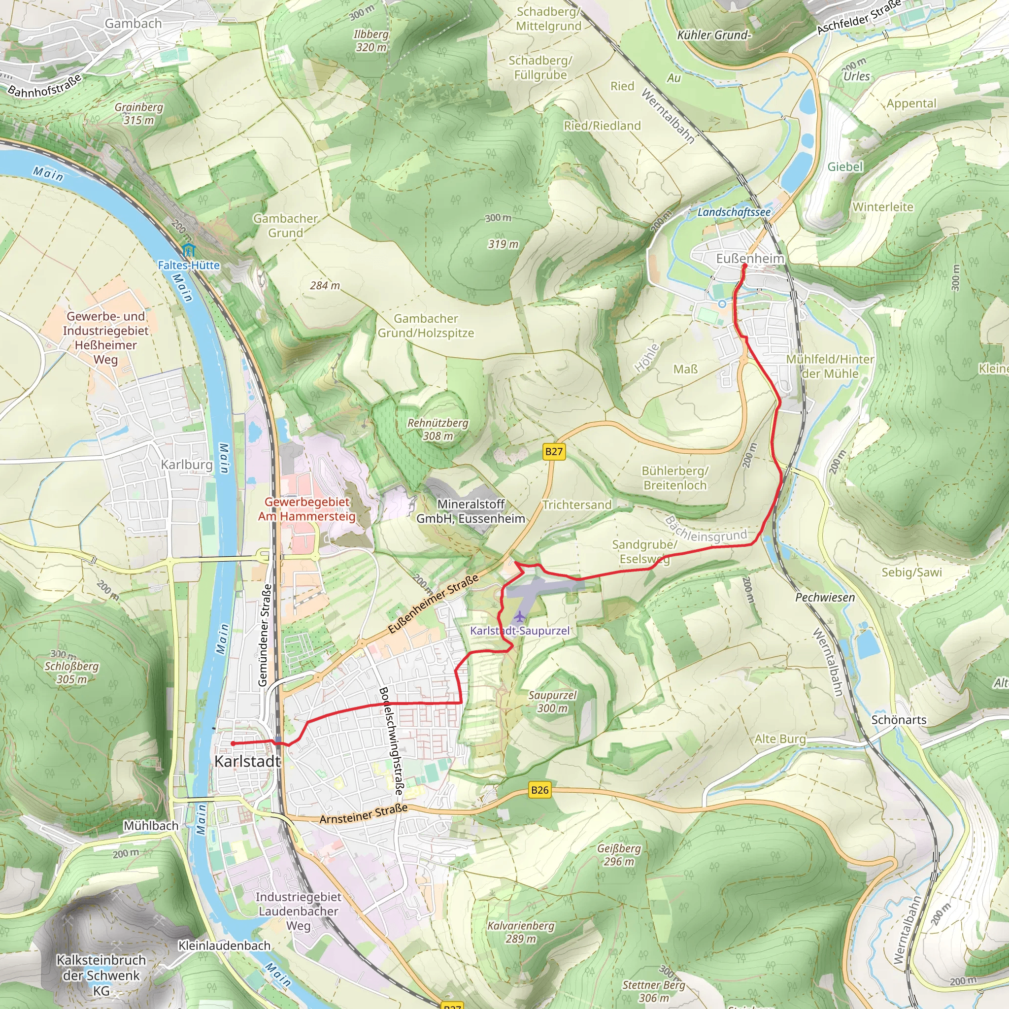 Eussenheim to Karlstadt am Main via Pechweg and Eselsweg mobile static map