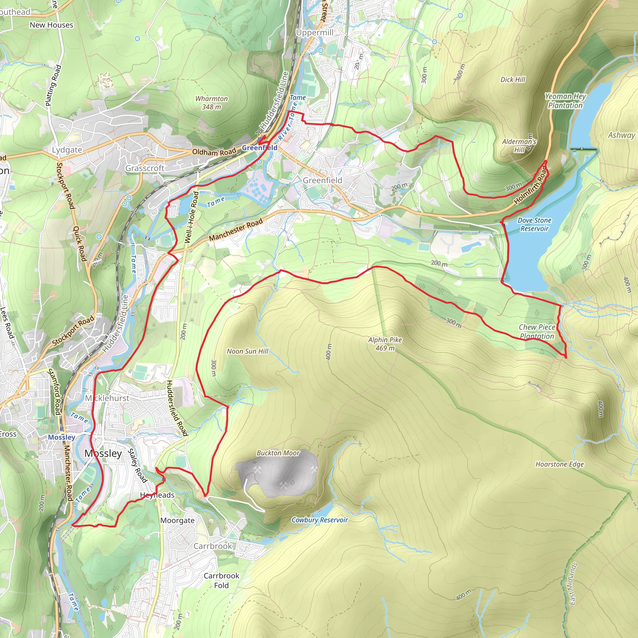 Greenfield to Mossley Loop via Dove Stone Reservoir mobile static map