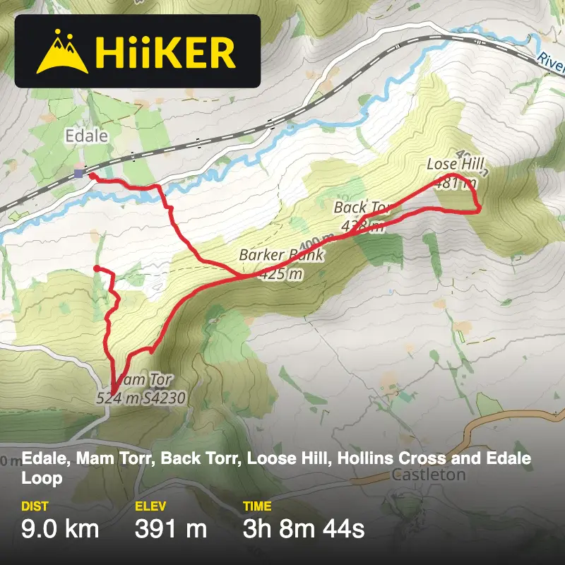 A map preview of the recording Edale, Mam Torr, Back Torr, Loose Hill, Hollins Cross and Edale Loop.