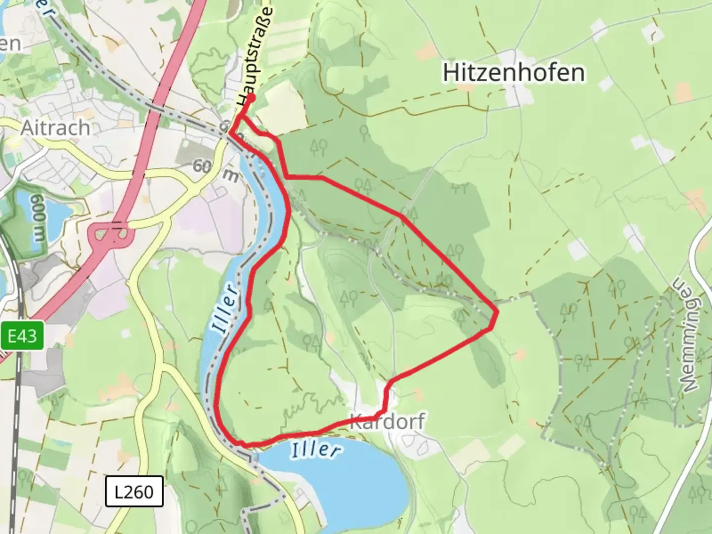 An image depicting the trail Illerstausee Runde and its surrounding area.