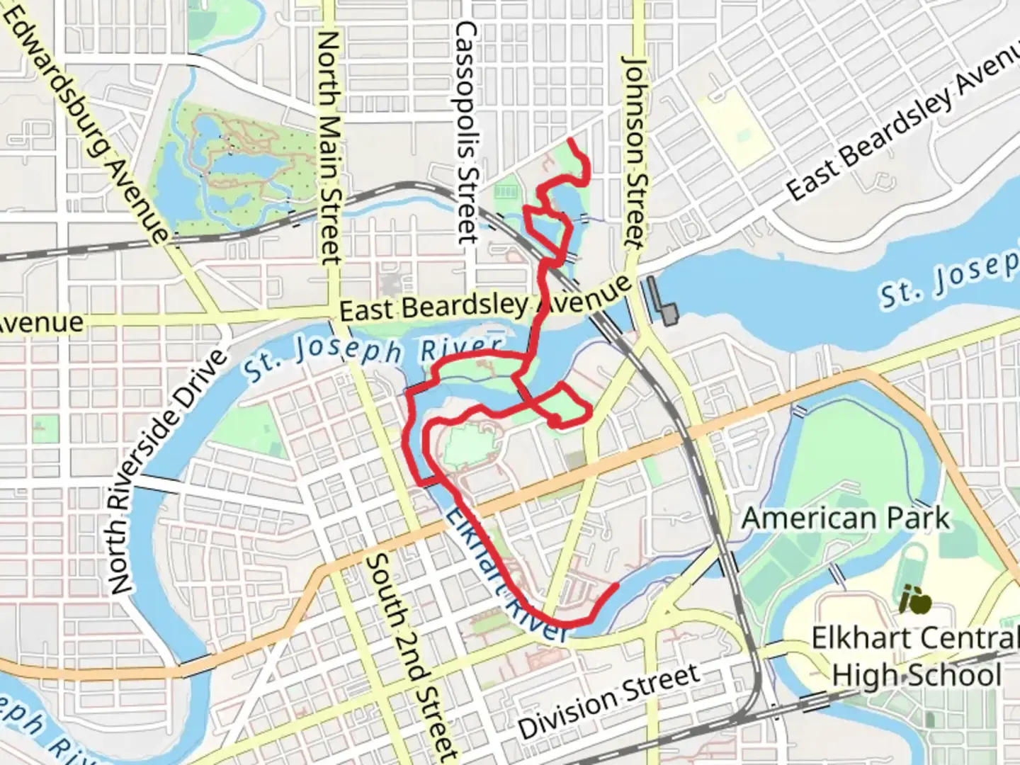 An image depicting the trail Riverwalk Culture Trail, Island Park and Pulaski Park and its surrounding area.