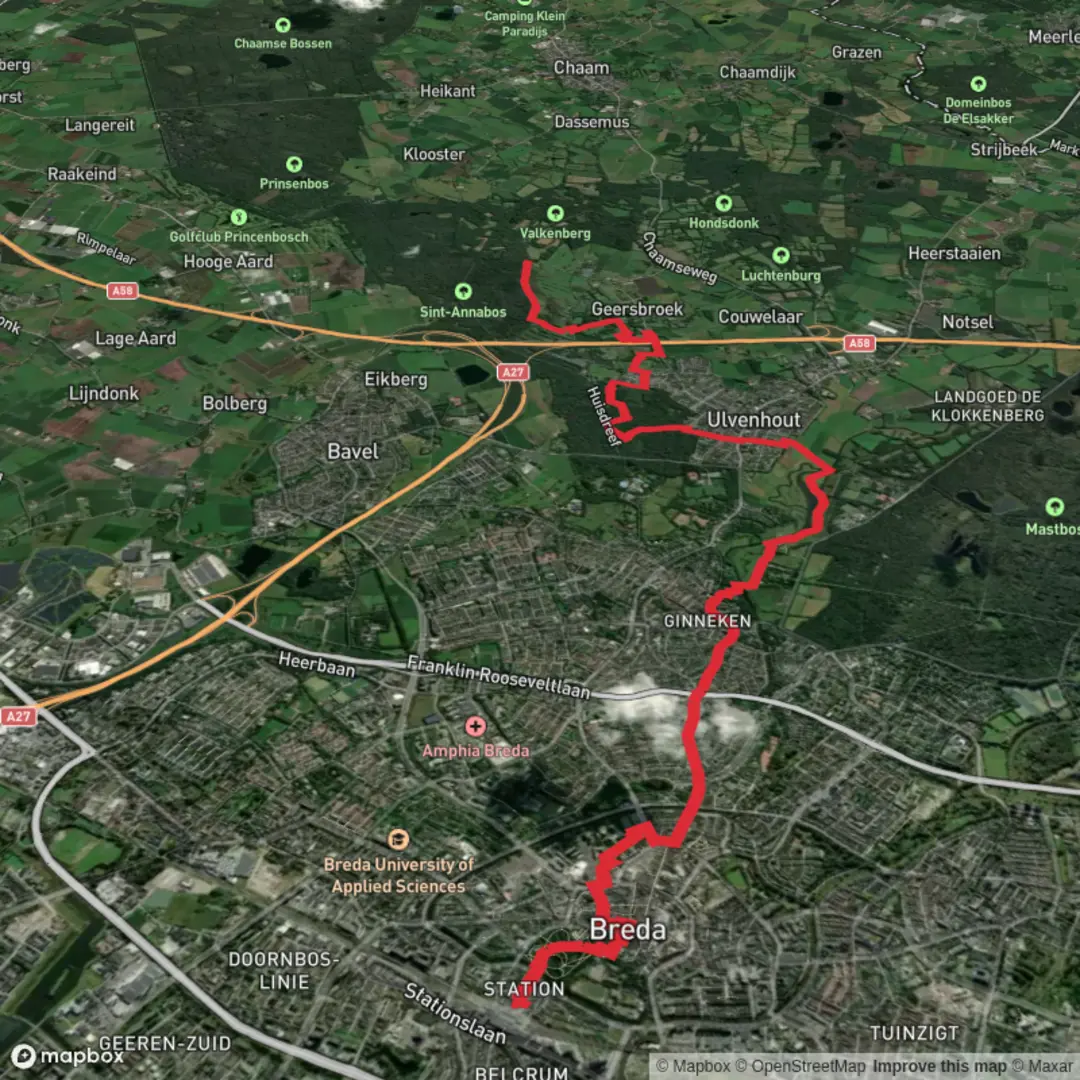 An image depicting the trail Park Valkenberg and Unvenhoutse Bos via Rondwandeling and its surrounding area.