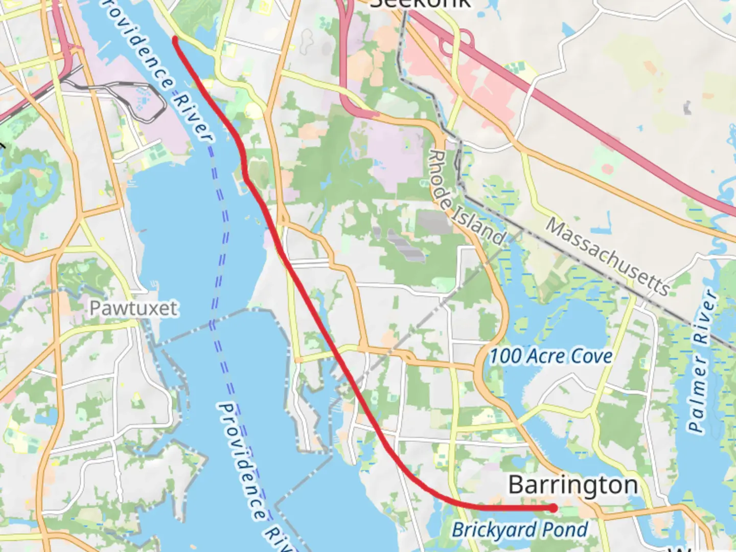 An image depicting the trail East Bay Path from Brickyard Pond and its surrounding area.