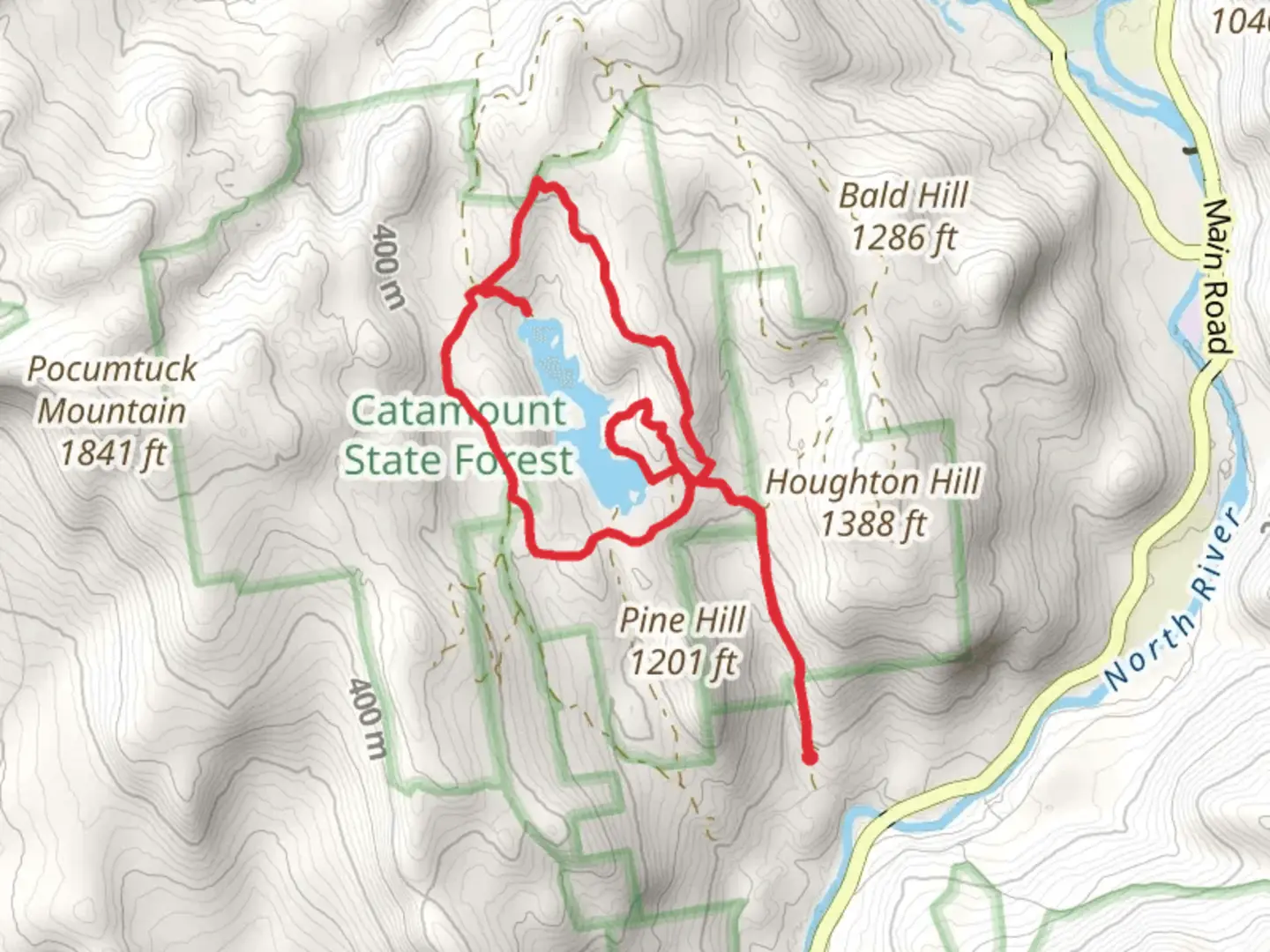 An image depicting the trail McLeod Pond from Stacey Road and its surrounding area.