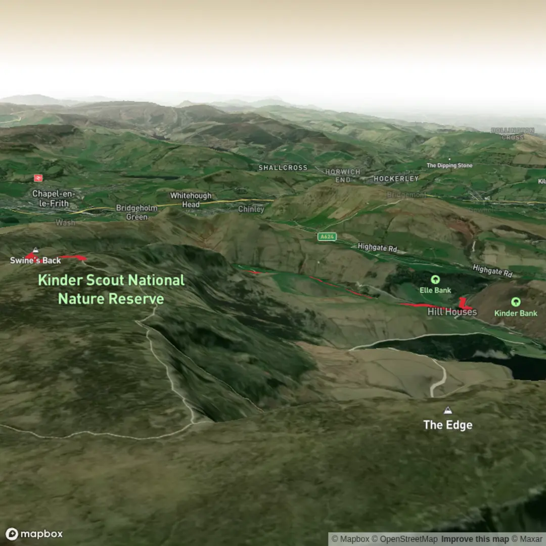 An image depicting the trail Hayfield Camp Site and Kinder Scout and its surrounding area.