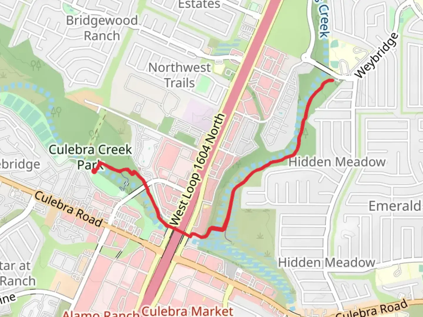 An image depicting the trail Culebra Creek Greenway and Helotes Creek Greenway Trail and its surrounding area.