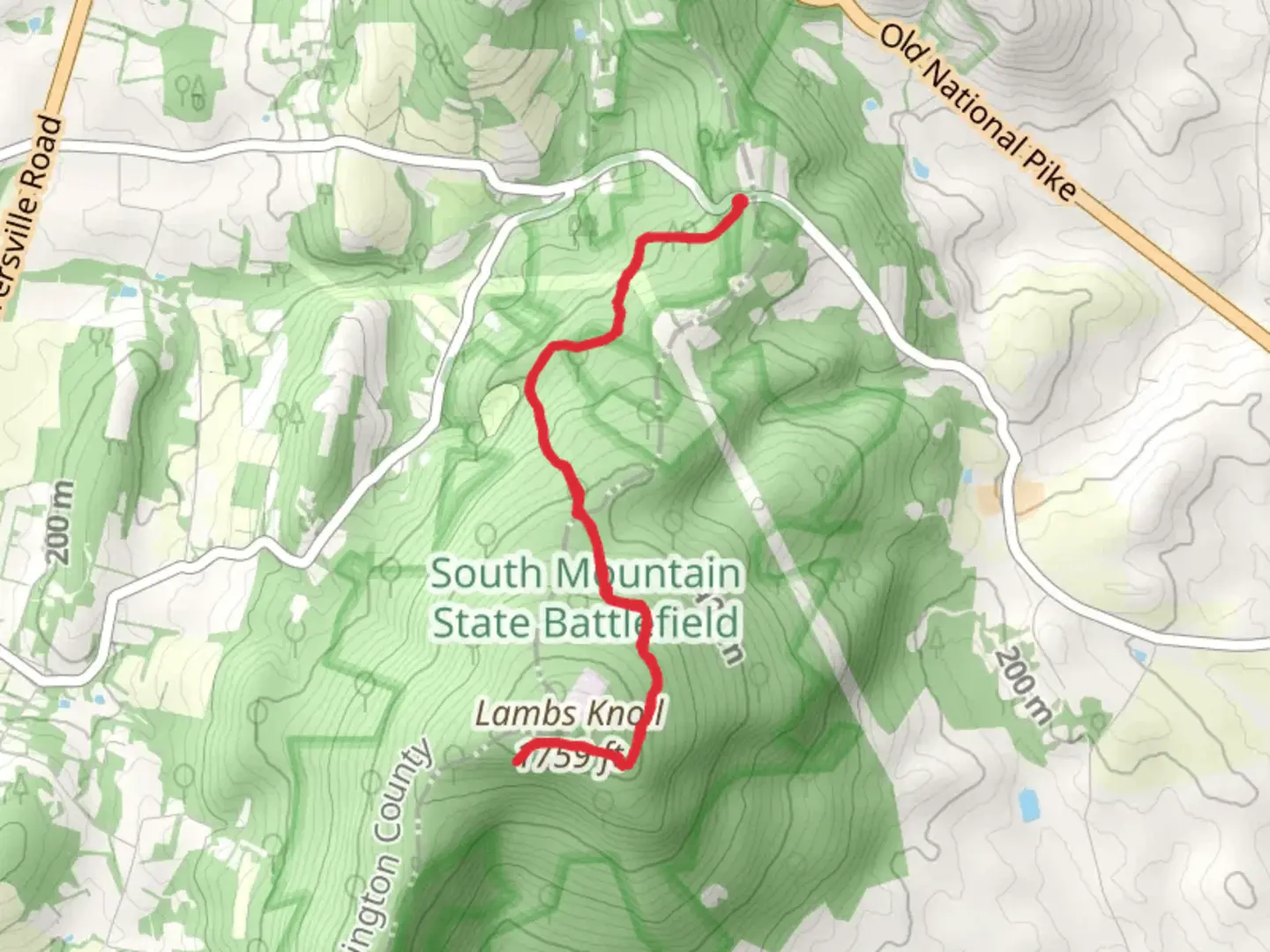 An image depicting the trail Lambs Knoll via Appalachian Trail from Reno Monument Road and its surrounding area.