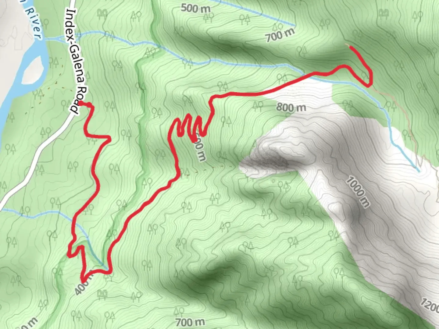 An image depicting the trail Bitter Creek Out and Back and its surrounding area.