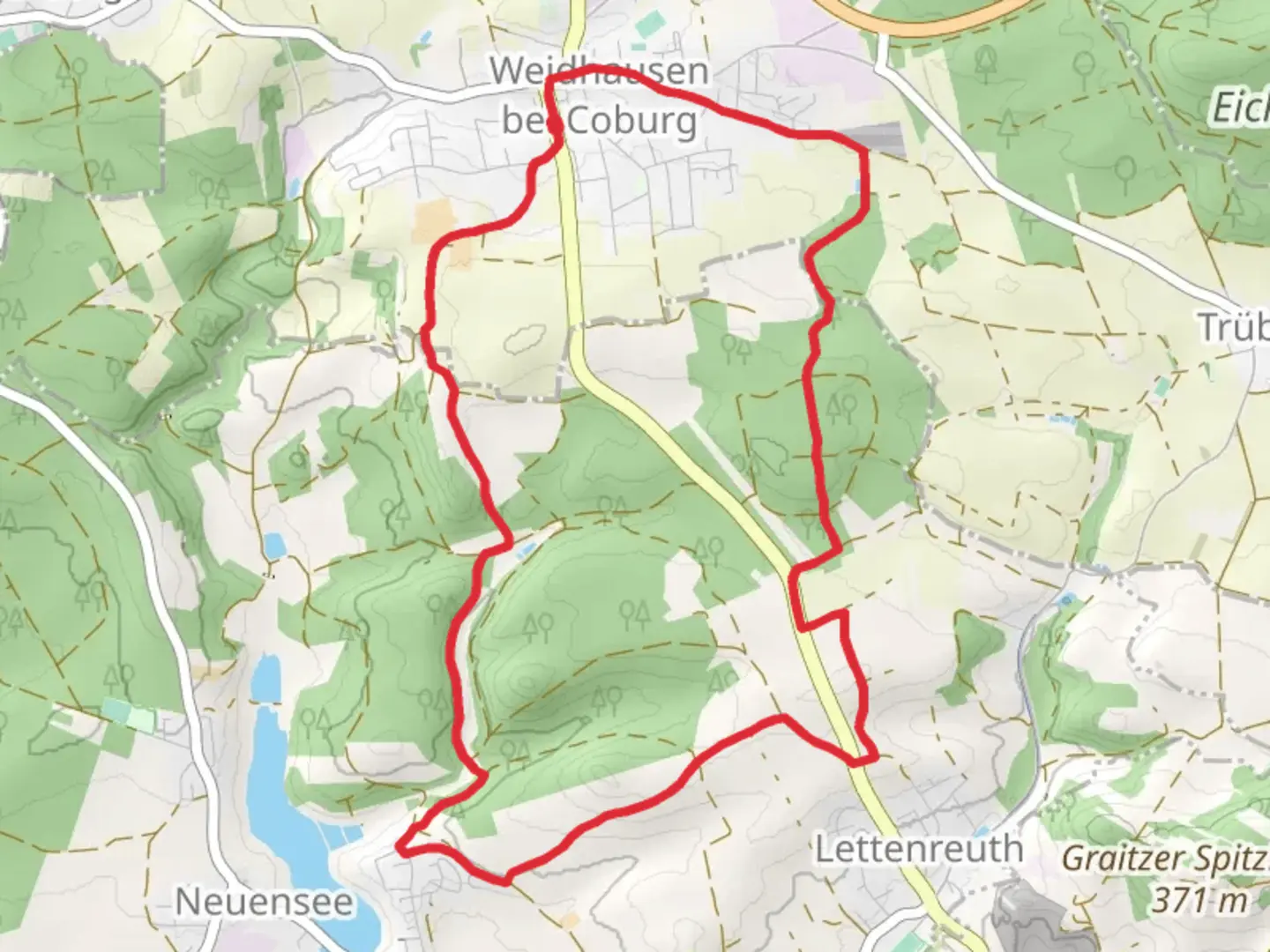 An image depicting the trail Wildhuegelweg and Rundweg Weidhausen Neuensee and its surrounding area.