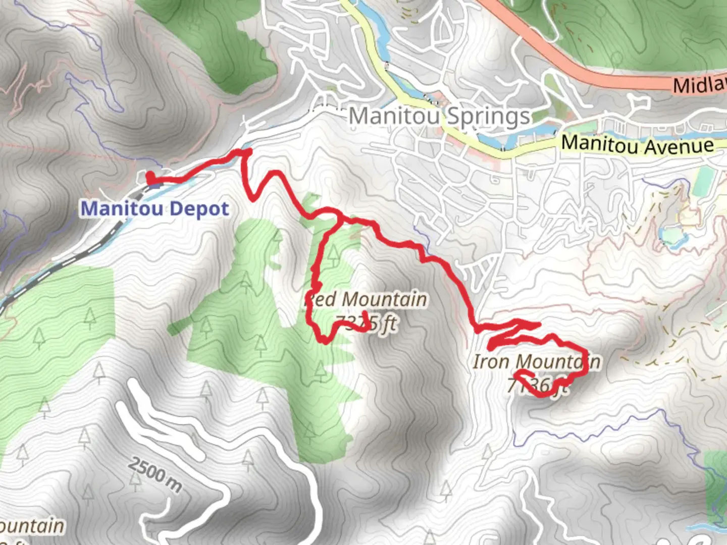 An image depicting the trail Red Mountain Iron Mountain via Intemann Trail and its surrounding area.