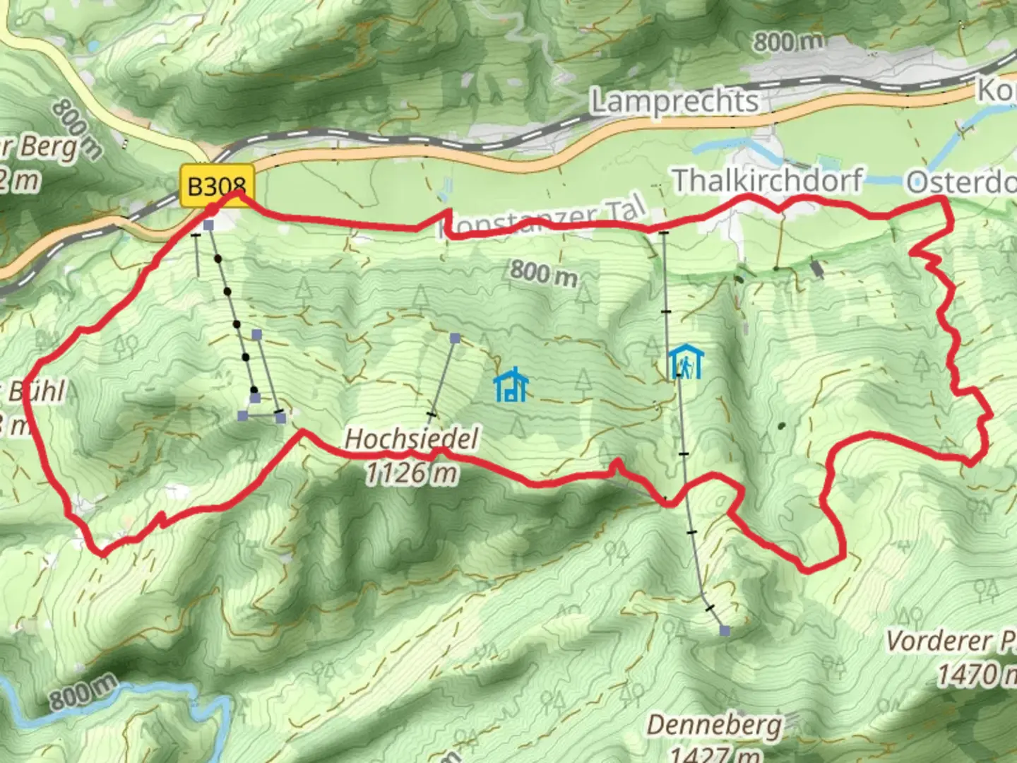 An image depicting the trail Oberallgaeuer Rundwanderweg and Jakobsweg Tirol and its surrounding area.