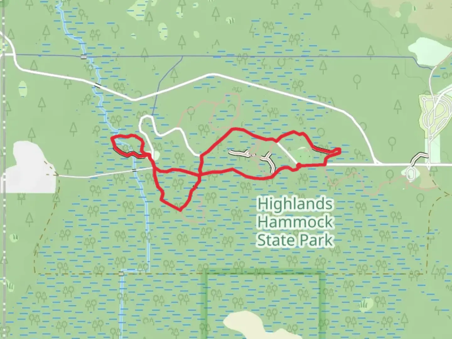 An image depicting the trail Hickory, Cypress Swamp and Sweet Gum Loop Trail and its surrounding area.