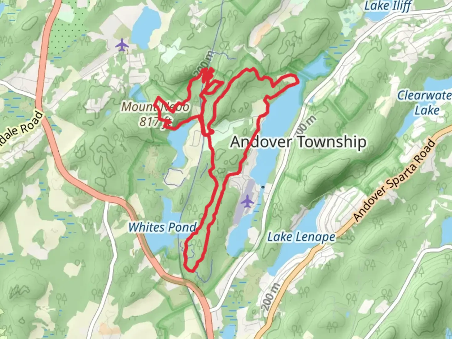 An image depicting the trail Loop along Lake Aeroflex, Twin Lakes and Whites Pond and its surrounding area.