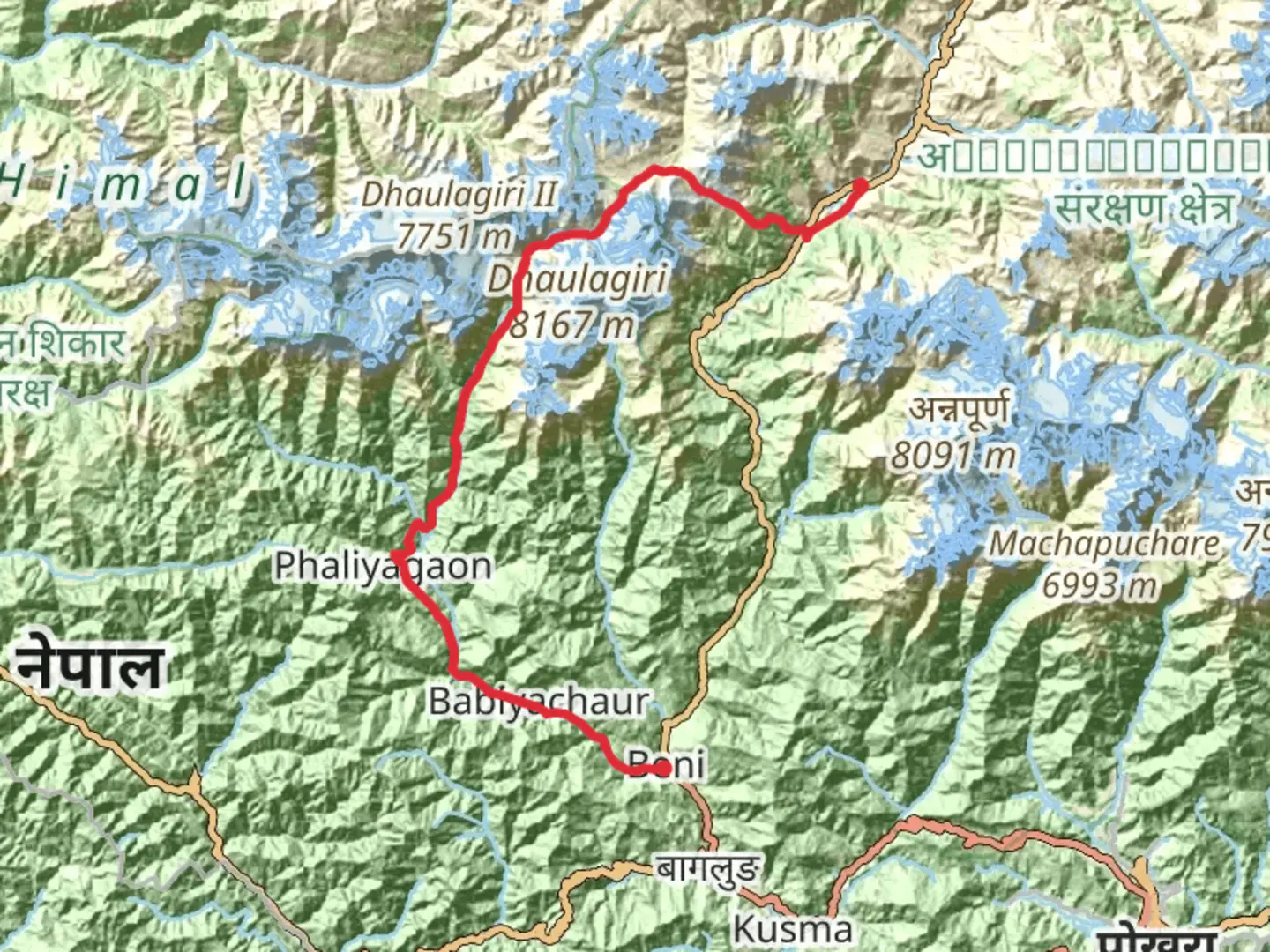 An image depicting the trail Dhaulagiri Trek and its surrounding area.
