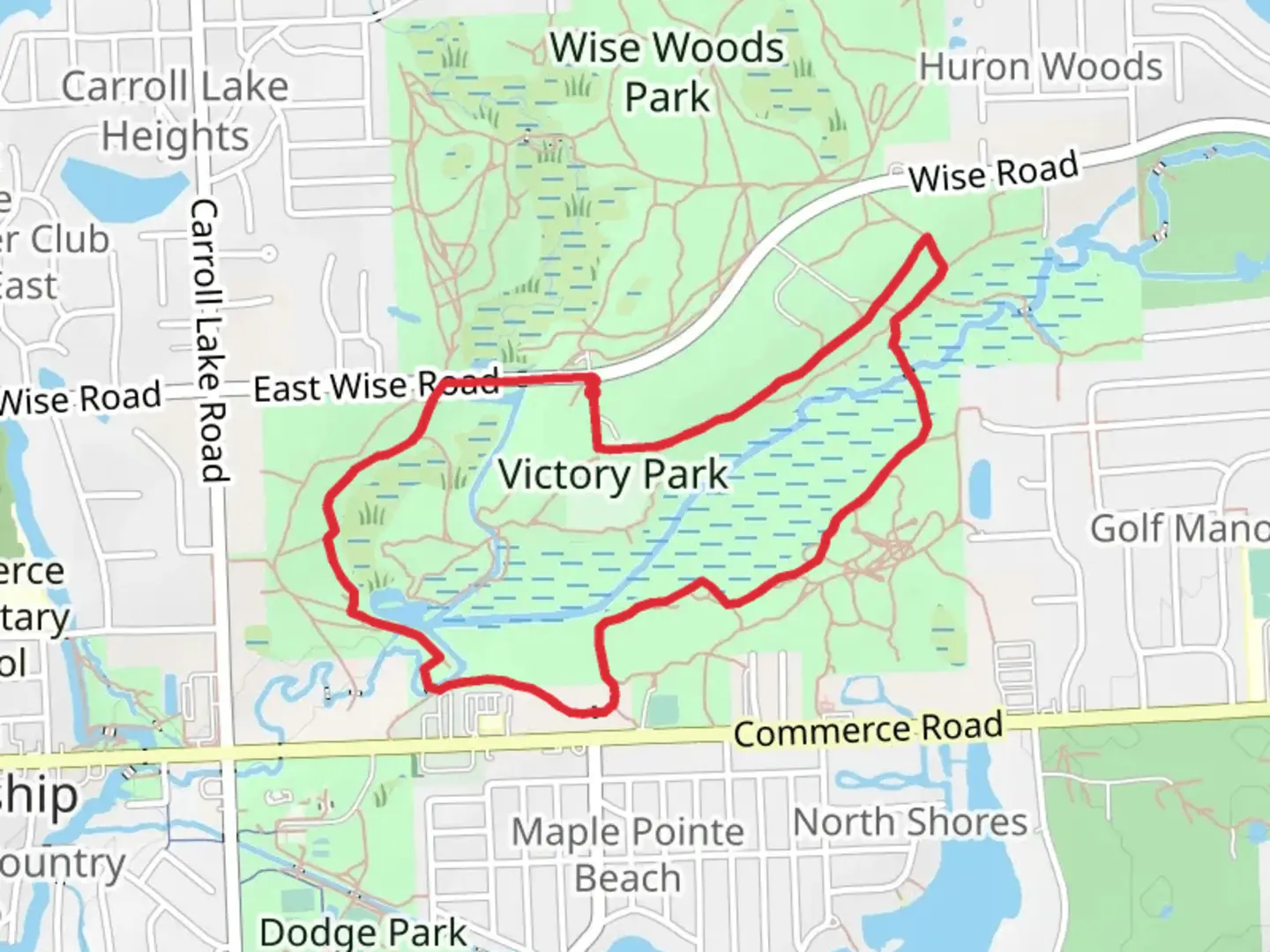 An image depicting the trail Victory Park Loop and its surrounding area.