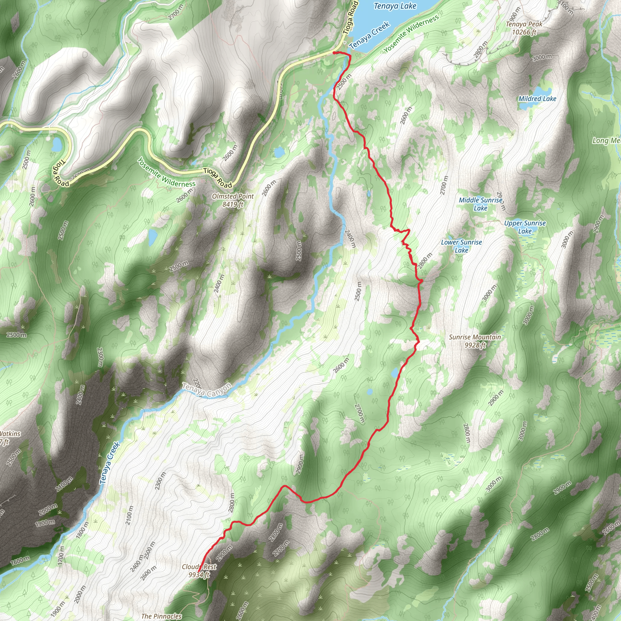 Clouds Rest Trail from Tenaya Lake mobile static map