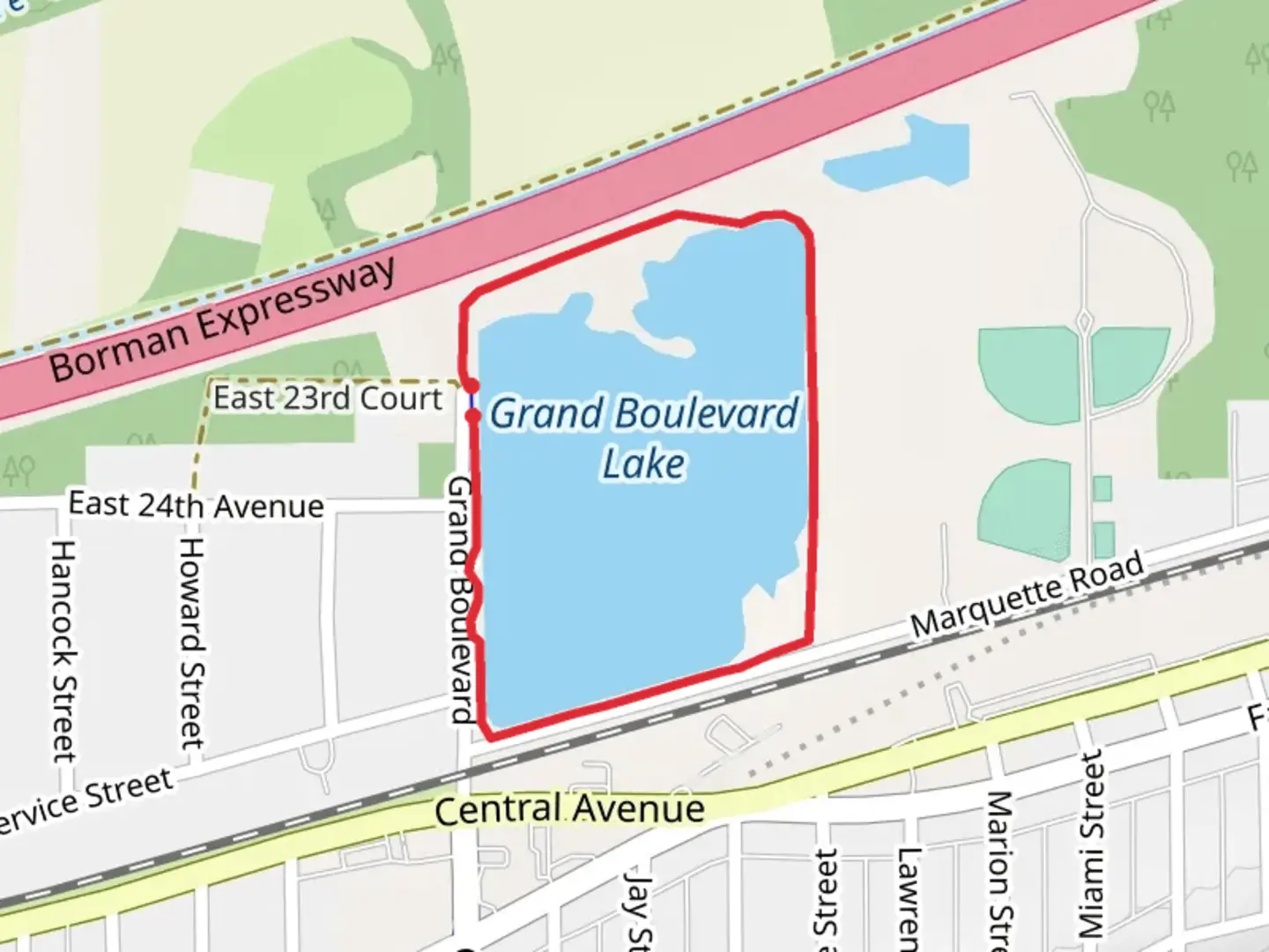 An image depicting the trail Grand Boulevard Lake Loop and its surrounding area.