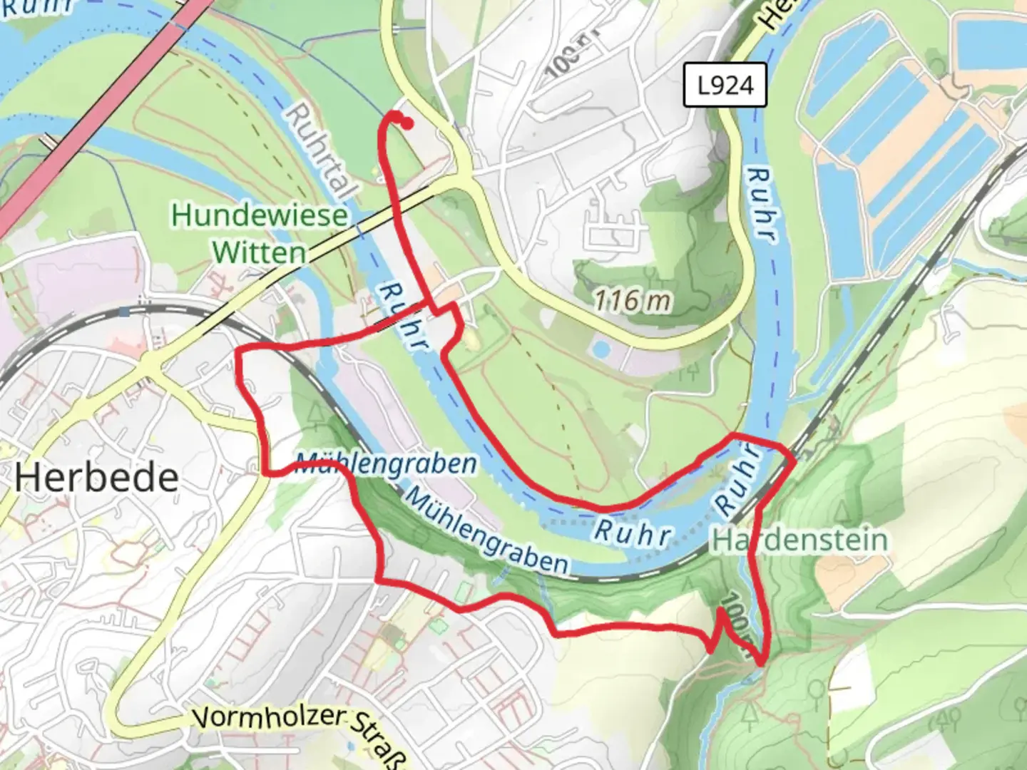 An image depicting the trail Ruhrtal, Hardensteiner Weg and River Ruhr Loop - Ruine Hardenstein and its surrounding area.