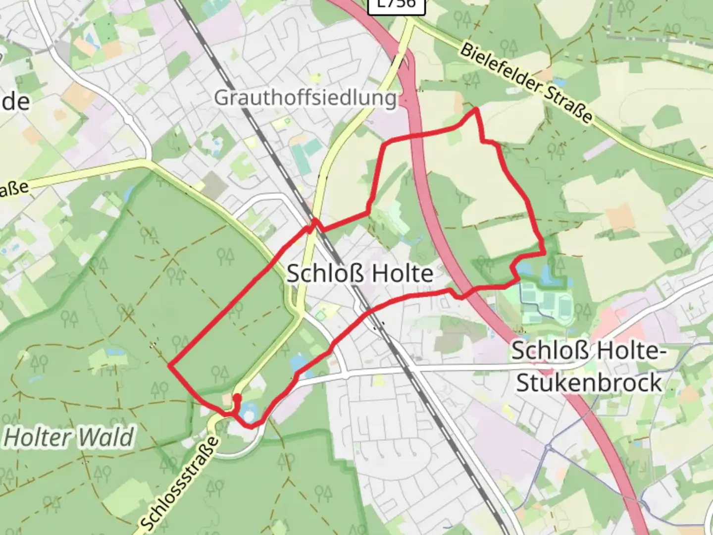 An image depicting the trail Kipshagener Teich via Holter Waldweg and Lönsweg and its surrounding area.