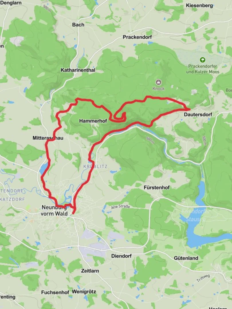 An image depicting the trail Neunburg vorm Wald and Dautersdorf Loop via Schwarzach and its surrounding area.