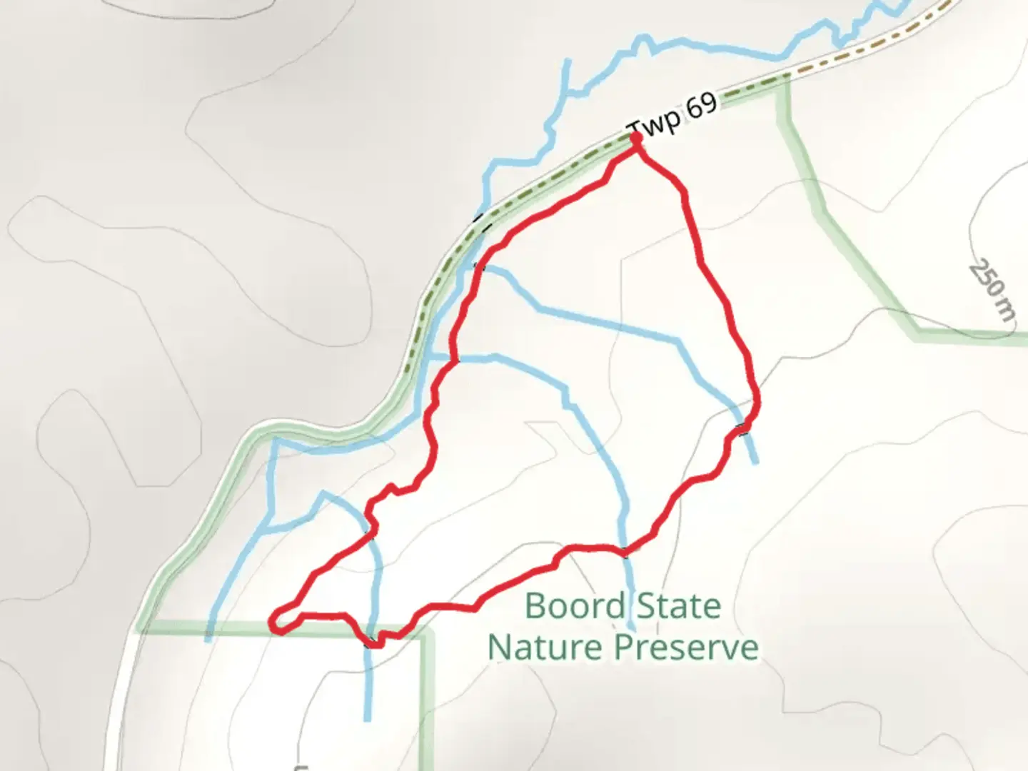An image depicting the trail Boord State Nature Preserve Loop and its surrounding area.