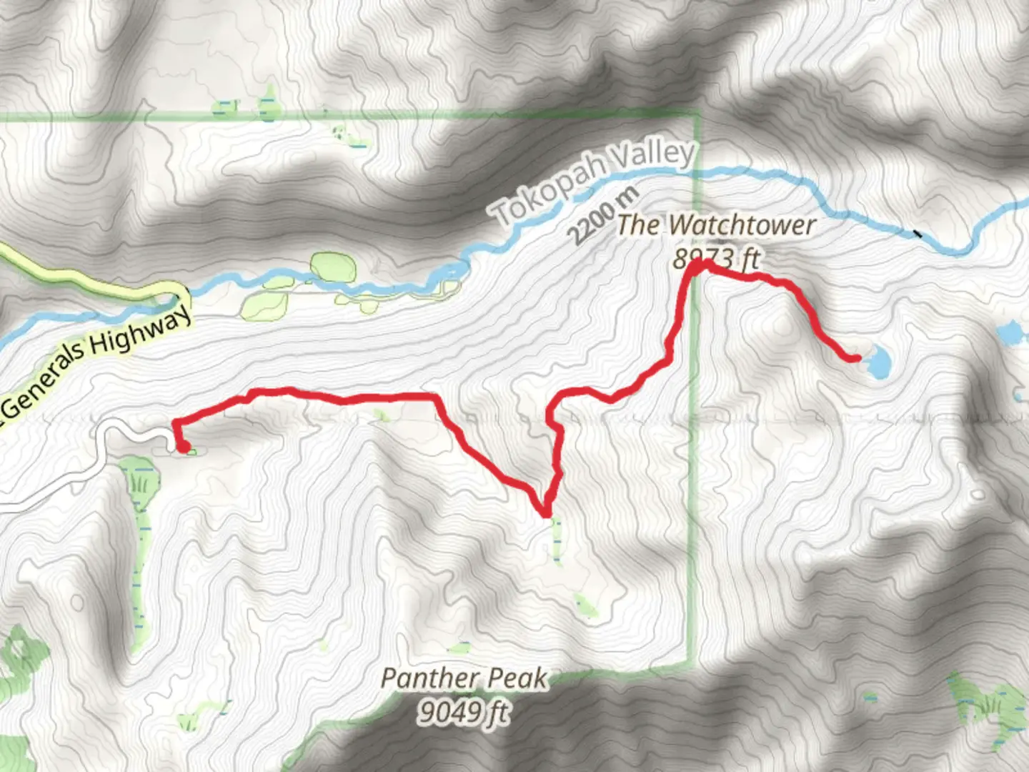 An image depicting the trail The Watchtower and Heather Lake via Lakes Trail and its surrounding area.