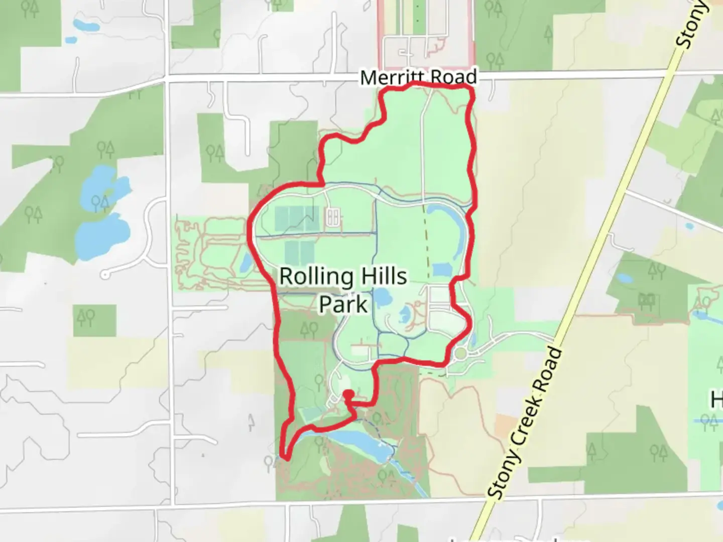 An image depicting the trail Rollings Hills Park Loop and its surrounding area.